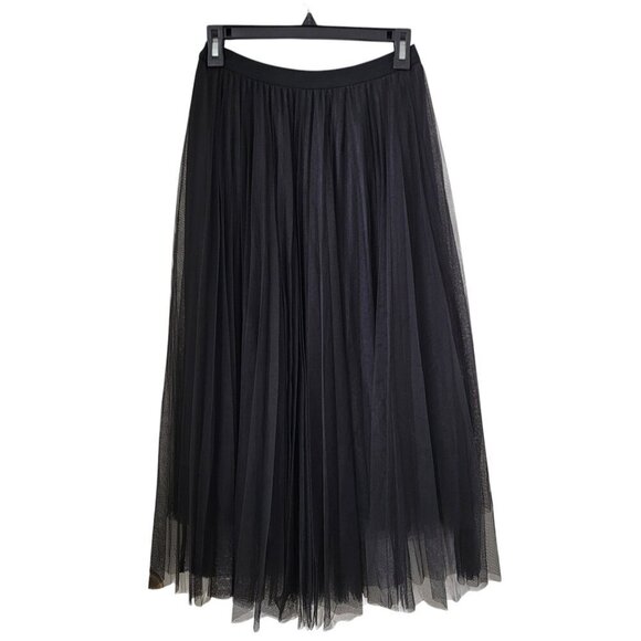 Black Mesh Overlay Midi Length Pleated Skirt - Picture 1 of 9